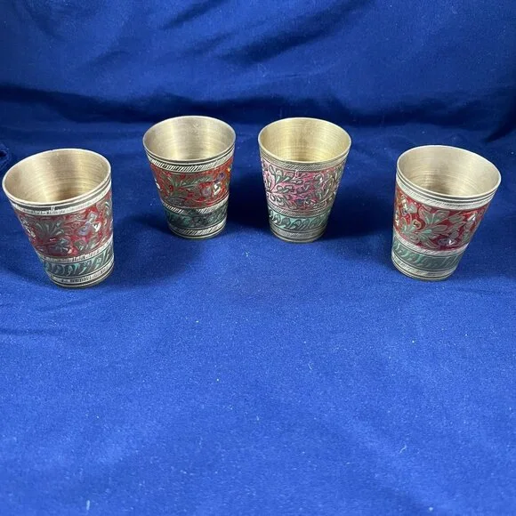 Vintage Brass Shot Glasses With Intricate Red & Green Floral Detailing And Woode - Picture 3 of 7